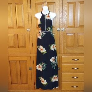 NLW navy blue floral cutout back halter style maxi dress